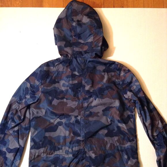 Camo Jacket Windbreaker Womens L Blue Brown Waxy Lightweight Hooded Gorpcore - Picture 9 of 12